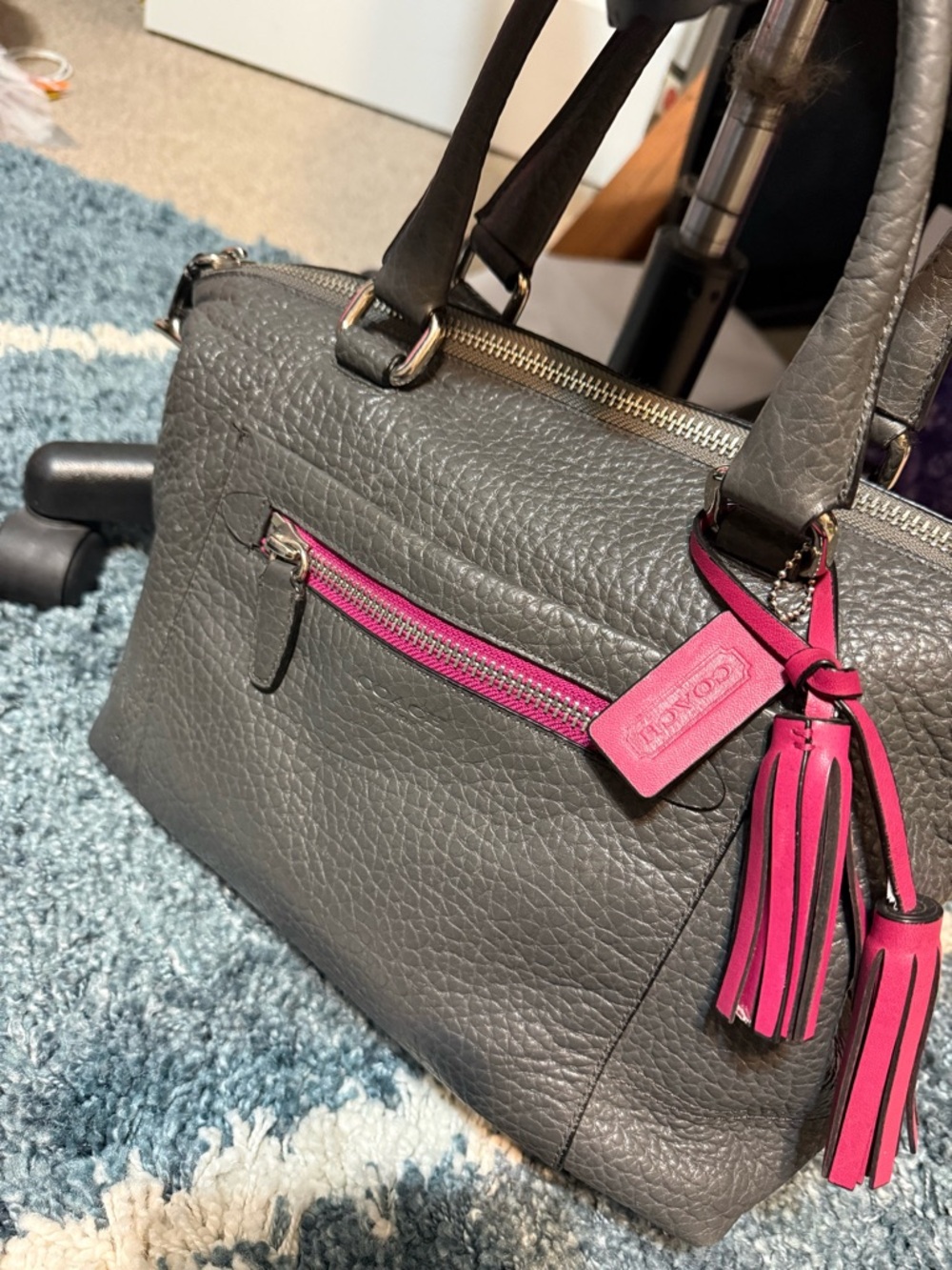 Coach Gray Leather Satchel with Pink Tassel Accents